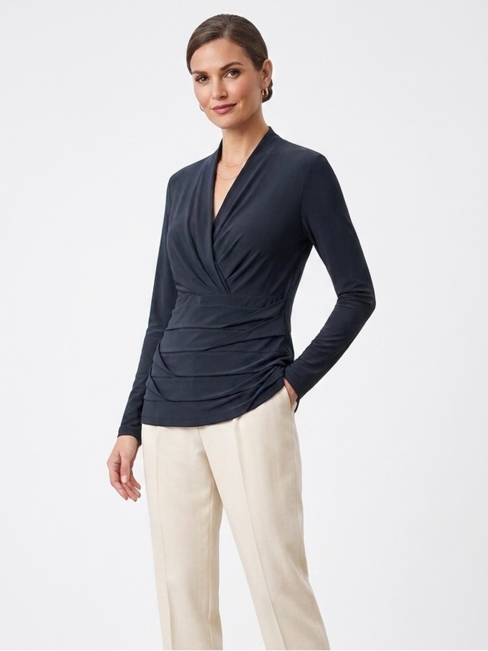Lafayette 148 New York Black Draped Wrap Long-Sleeve Top